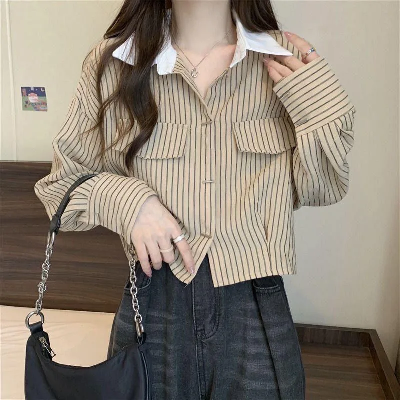 Striped Woman Spring Autumn Blouses Shirt Lady Loose Blusas Tops Turn-down Collar Short Shirt Women Long Sleeve Casual Blouse