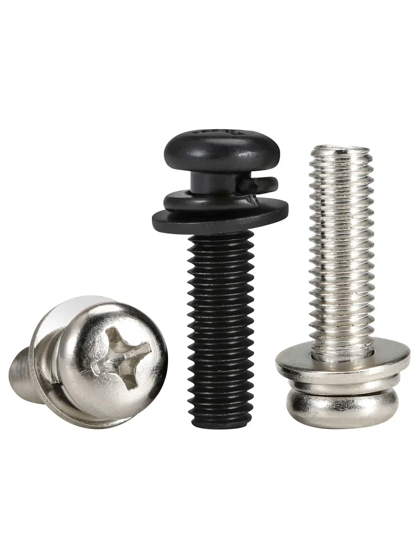 M2 M2.5 M3 M4 M5 M6 M8 Black Zinc/Ni-Plated Carbon Steel Phillips Screws Round Pan Head Washer Triple Combination Bolt Kit Set