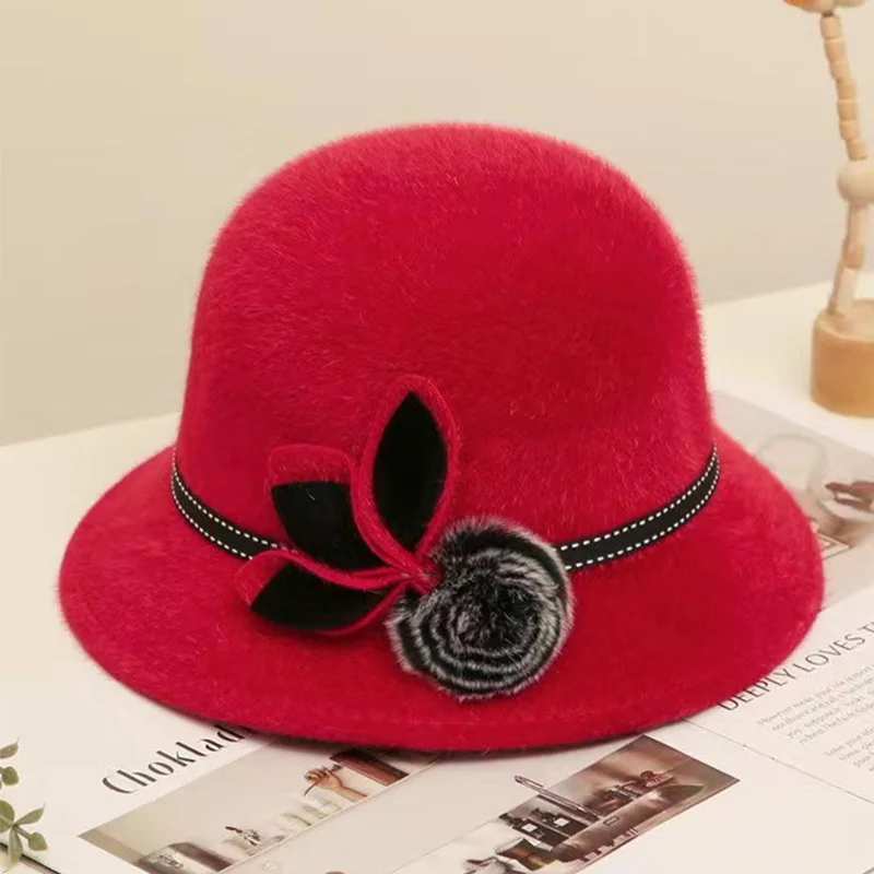 Mother Party Hat Elegant Mom Dome Cap Bow Bowler Wool Ladies Hat Autumn Winter Fedoras Cap Pure Color Hairball Vintage Jazz Cap