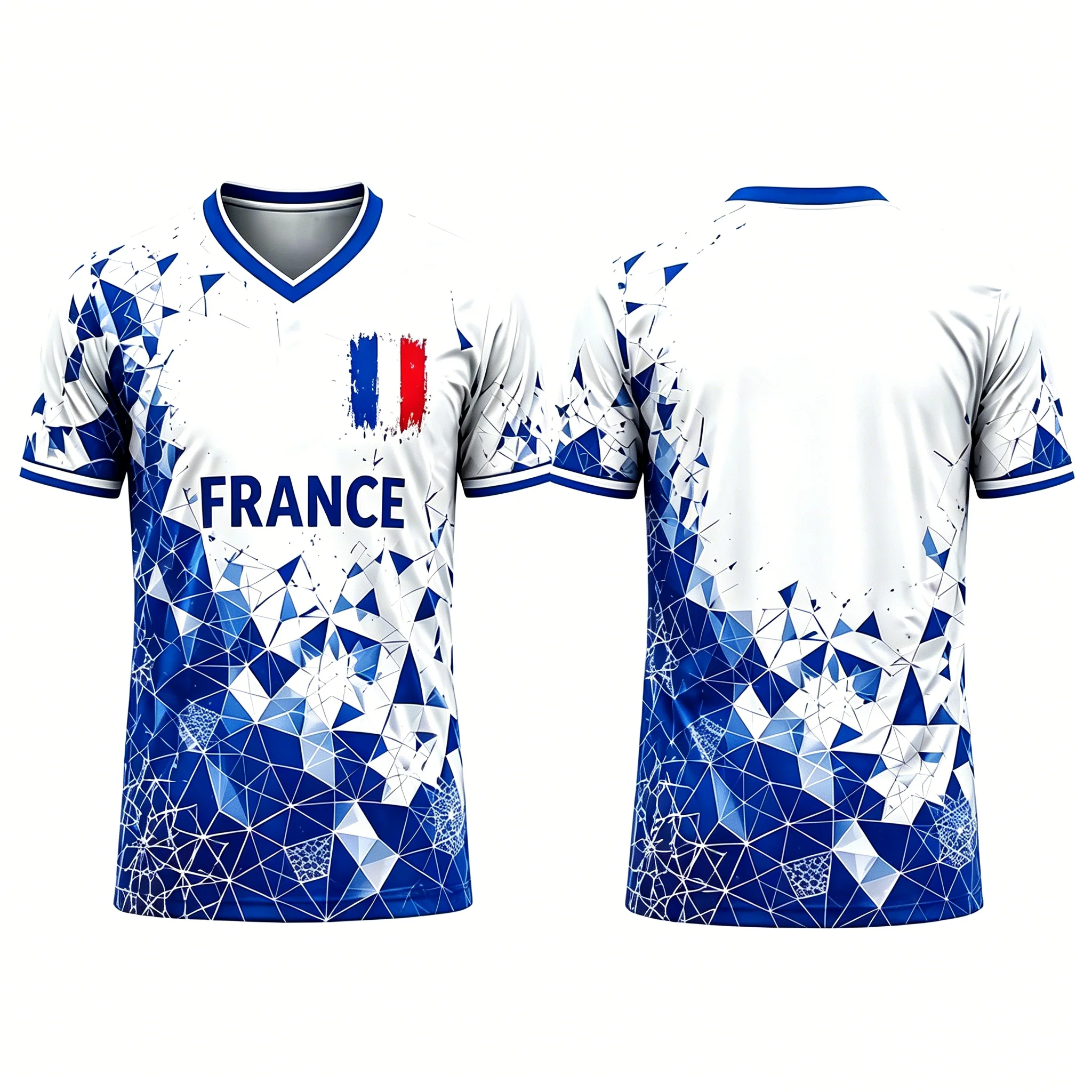 Unisex FRANCE Flag Geometric Print Football Jersey Quick Dry V Neck Breathable Sports Short Sleeve Tee