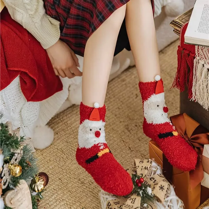 2 pairs of random color Christmas socks for women without hair loss coral fleece socks thickened warm Christmas sleep socks