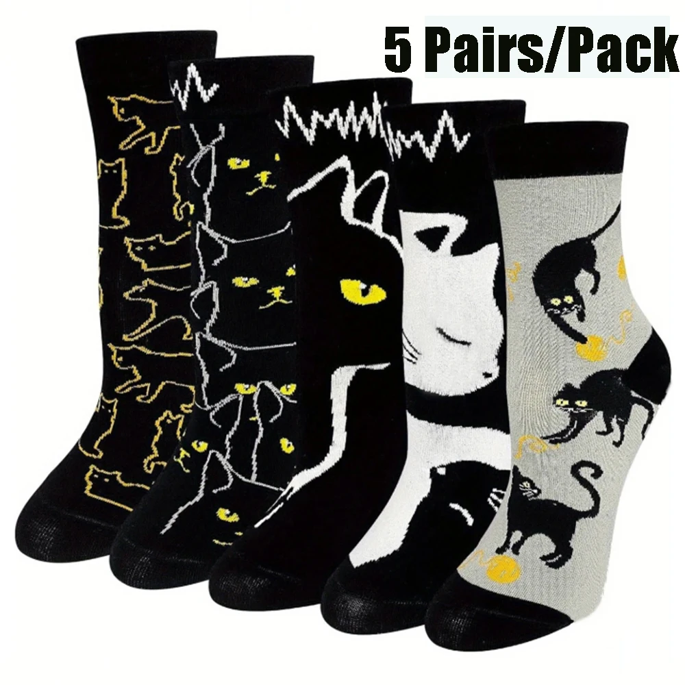 1/5 Pairs Women's Cute Black Cat Ankle Socks Breathable Sweat-Absorbing High Quality Cotton Socks for Girls