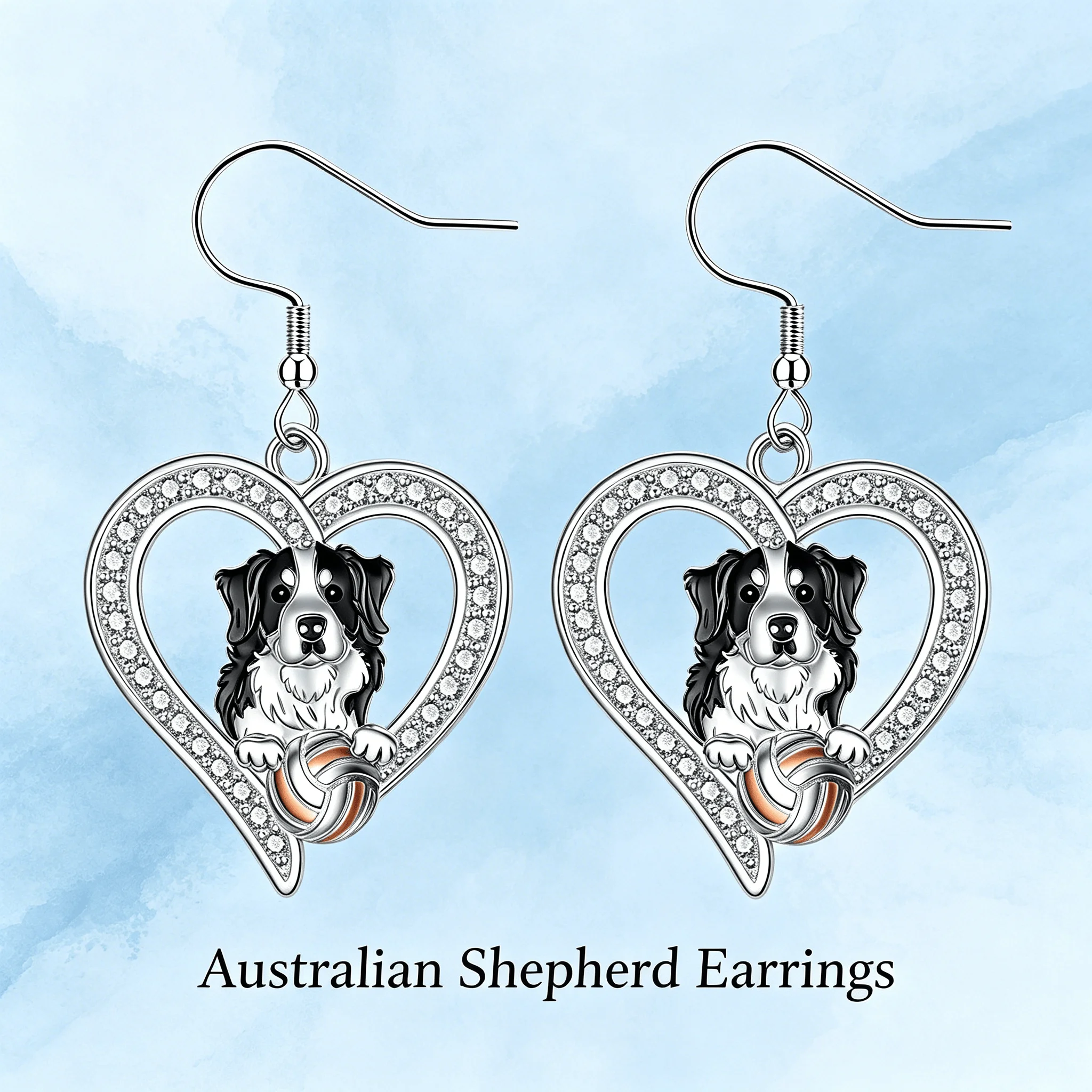 Silvery Zinc Alloy Heart Australian Shepherd Dangle Earrings Clear Faux Crystal Dog Lover Pet Jewelry Gift