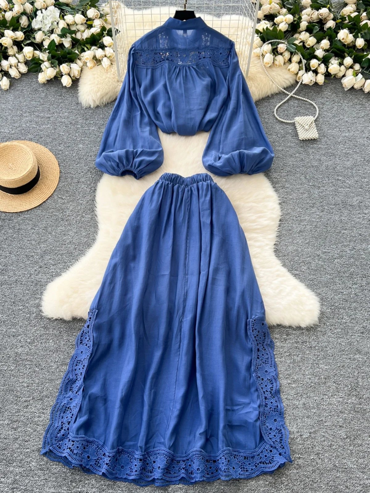 Ele Hollow out Lace Patchwork Lantern Sve irt Set Rok Belah Pinggang Tinggi Wanita Vintage Chic Sle untuk Pemuda...