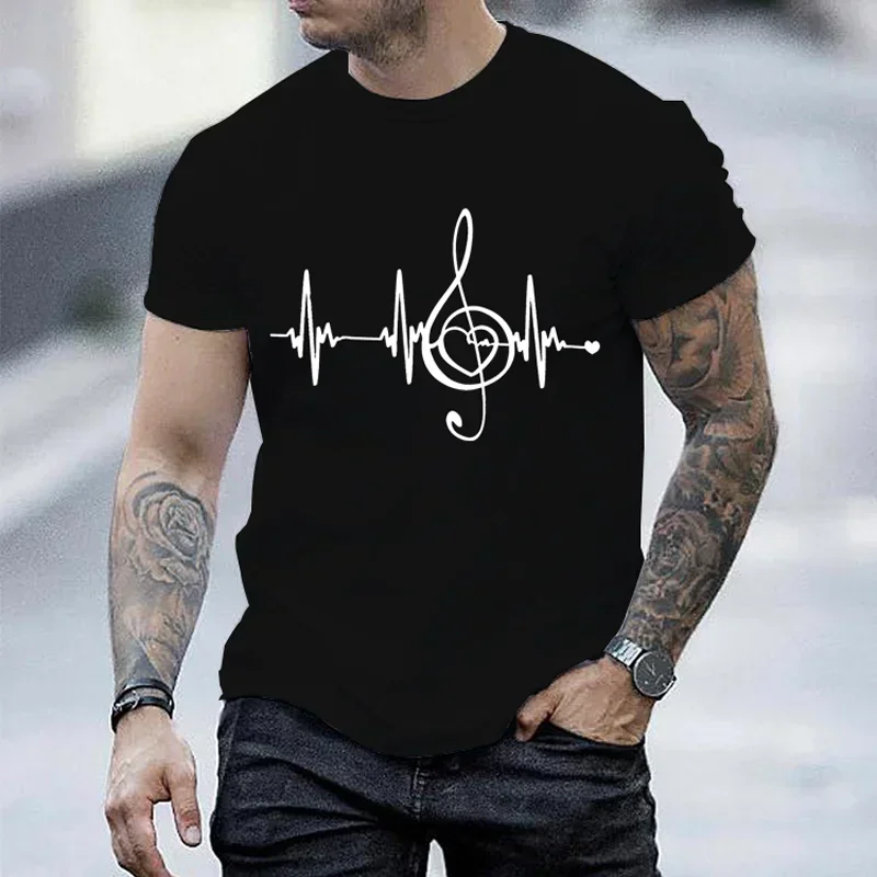 Men\'s Black Shirts Short Sleeves T-Shirts Oversized Summer Tops Music Note Heartbeat Funny Tshirts for Men Design Music Tee Tops