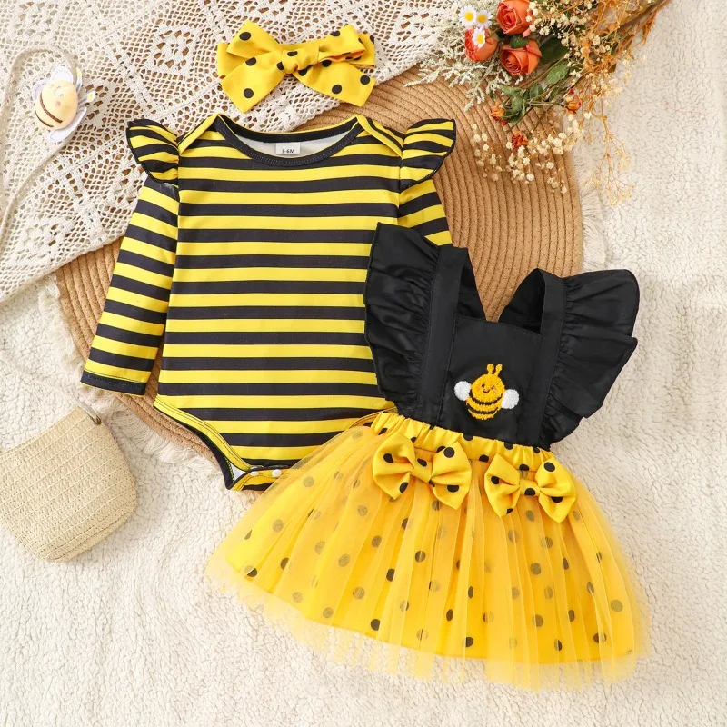 

Baby Girl Clothes Halloween Costume Cartoon Bee Long Flying Sleeve Romper Tulle Suspender Dress Set Cute Newborn Party Suit