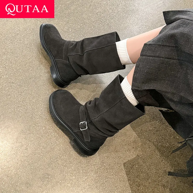 QUTAA 2027 Fashion Women Mid Calf Boots Leather Winter Woman Shoes Cow Suede Mid Buckle Heel Autumn Wrinkled Short Boots 34-40
