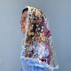 Floral Apricot Wine Red Embroidery Flowers Veils Church Chapel Catholic Mass Mantilla Head Covering D Shape White Lace Edge