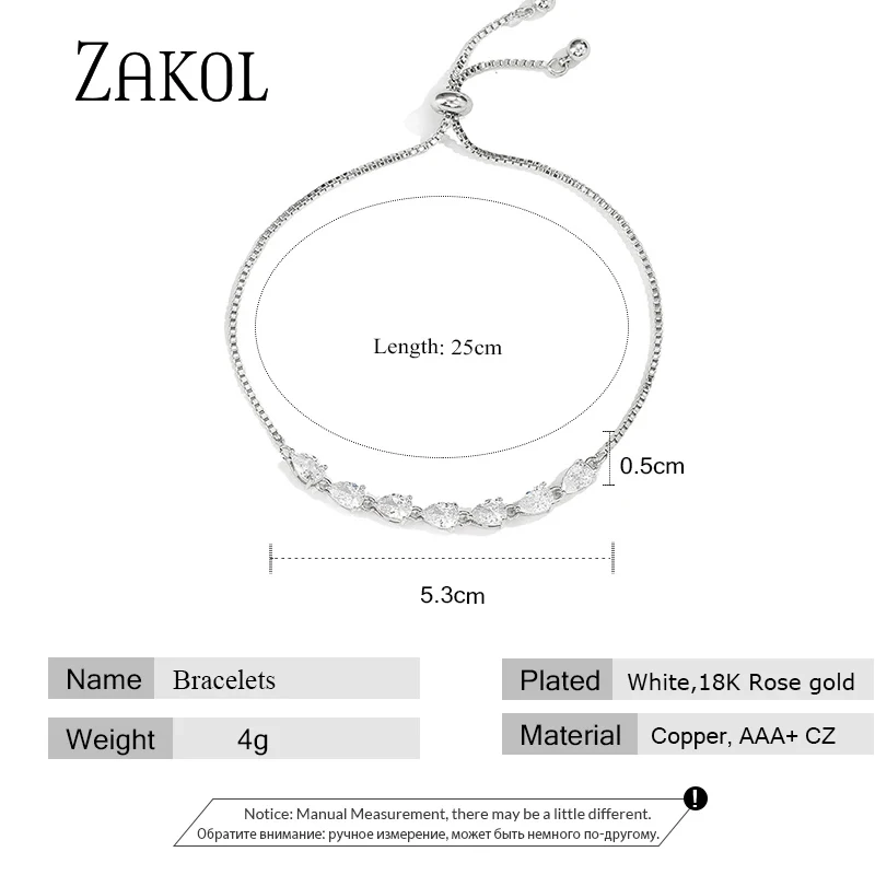 ZAKOL Fashion Water Drop Zircon Charm Adjustable Chain Bracelet Three Plating Colors Bride\'s Wedding Bracelet Party Jewelry