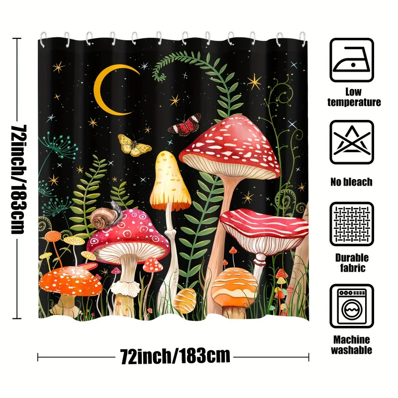 1pc mushroom curtain set, black and red floral butterfly waterproof fabric bathroom shower curtains, aesthetic moon Flowe