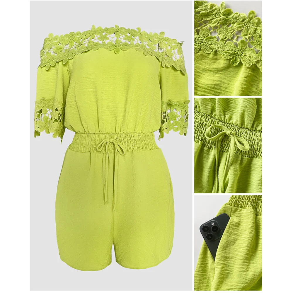 2025 Summer Women's Off Shoulder Floral Dec Short Sleeve Cinch Shirred Waist Jumpsuit Slim Fit Casual Romper With Belt Vacation