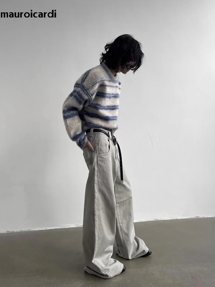 Mauroicardi Autumn Grey Flowy Baggy Wide Leg Pants for Mens Floor Length Fashion Clothing Loose Casual Dark Brown Trousers 2023