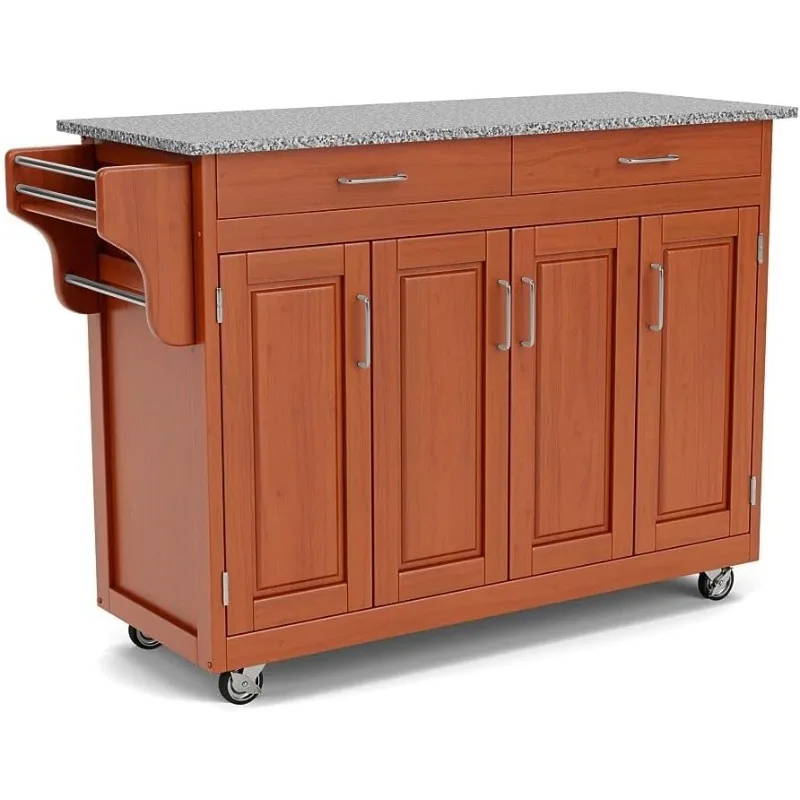 Cart Cottage Oak 4 Door Cabinet Kitchen Cart with Gray Granite Top Have Four Cabinets Two Drawers and Three Adjustable Shelves