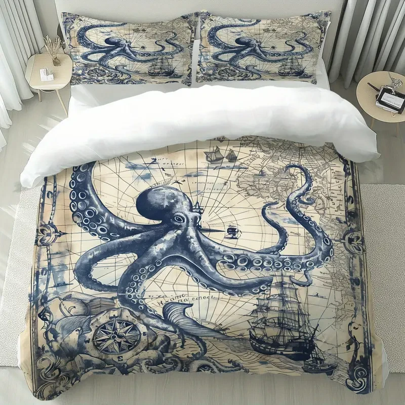 Vintage Octopus Duvet Cover Set, Nautical Sea Life Print Quilt Cover, Soft Comfortable Breathable Bedding Set for Home Decor