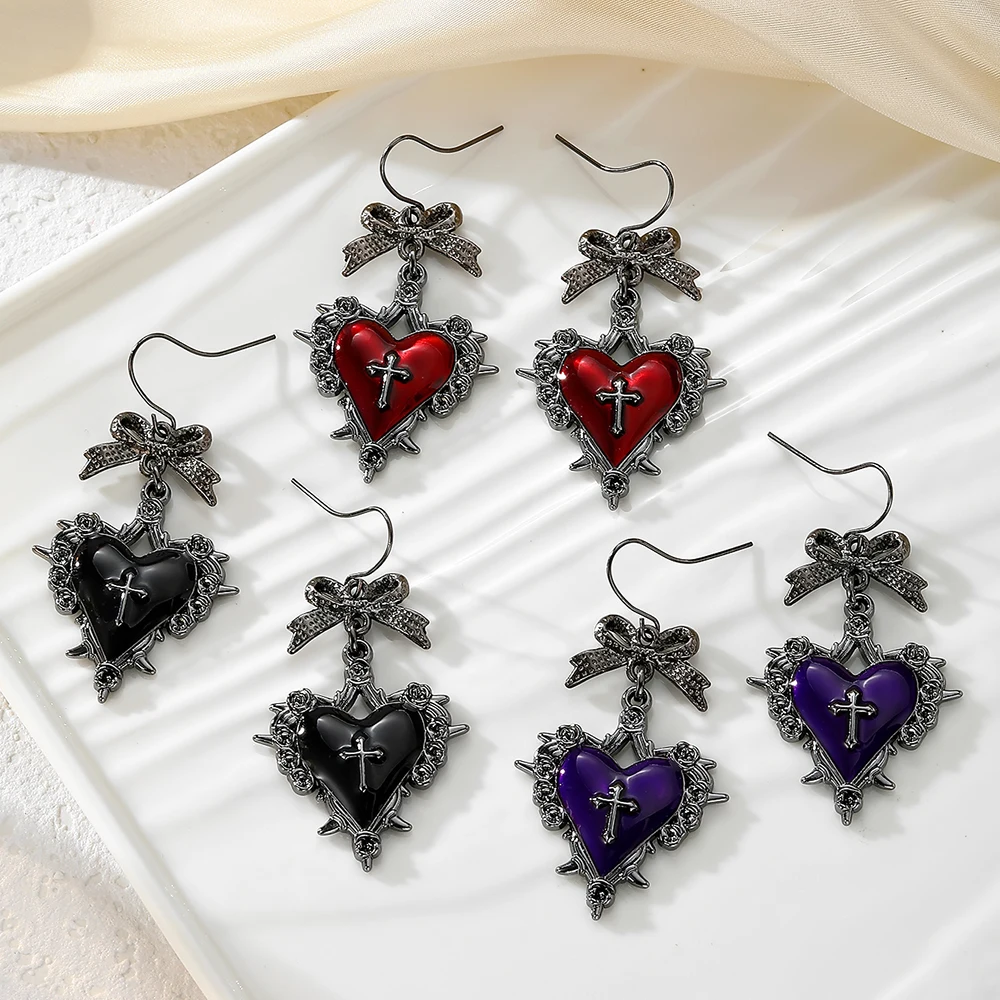 Fashionable and Creative Bow-Knot Heart Earrings Halloween Gift Alloy Oil-Drip Black Earrings Cross Earrings