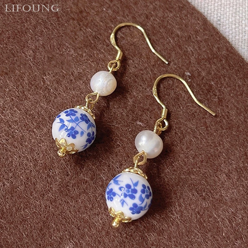 Blue White Porcelain Irregular Natural Pearl Earrings For Women Cute Drop Metal Jewelry Party Accessories Girl\'s Gifts 2022262