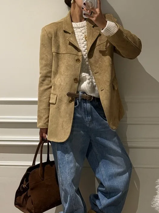 سترة نسائية كلاسيكية أنيقة من جلد الغزال فضفاضة ومتعددة الاستخدامات ذات ملمس راقي بدلة Jaet American Sle بطول عادي وزر للإغلاق