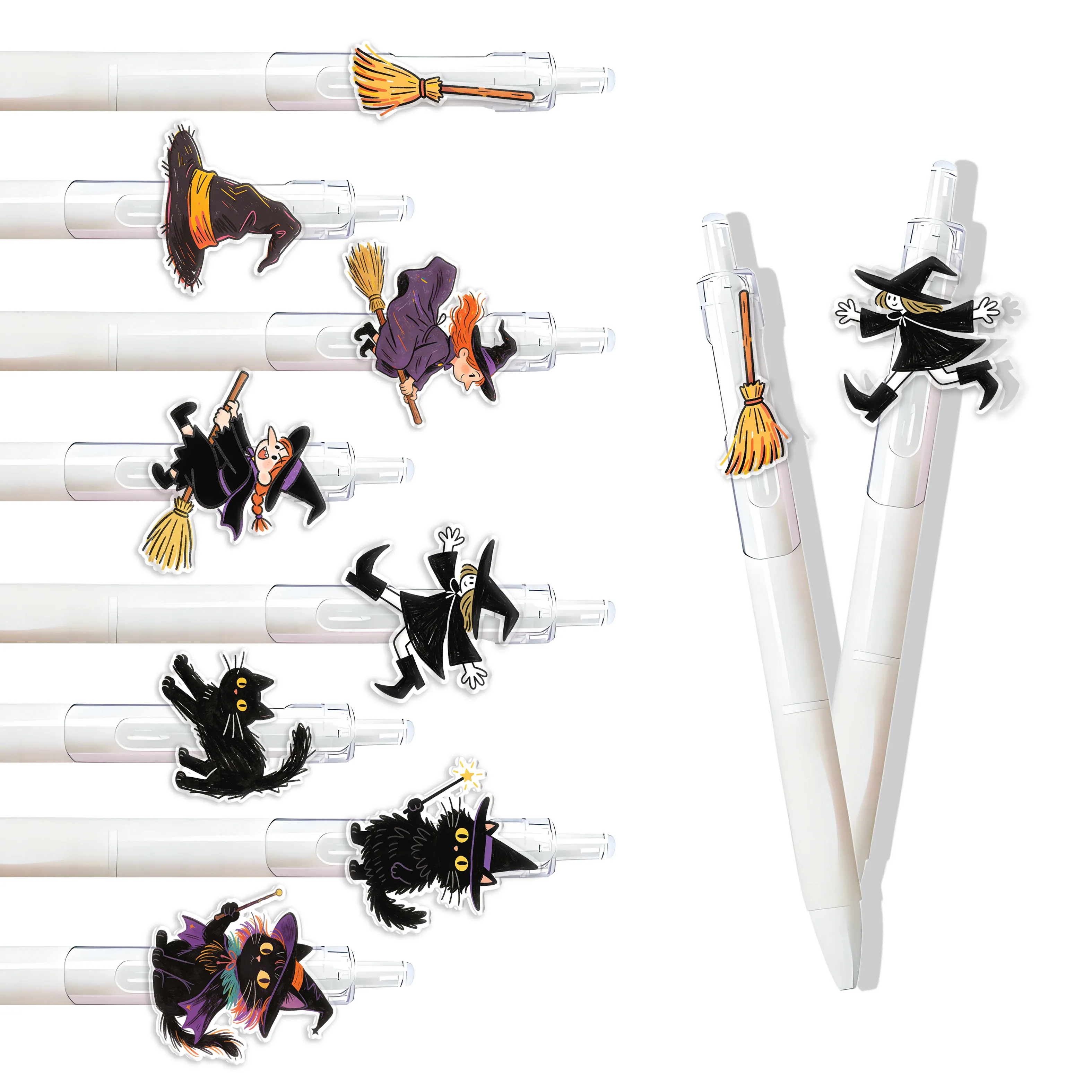 

8/11pcs Magic Witch Theme Retractable Gel Pens, Magic Black Cat & Broom Design Ballpoint Pens, Back to School Gifts for Students