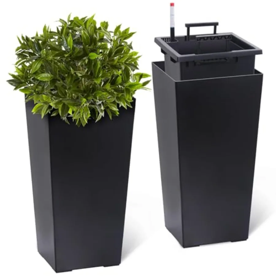 

Pair of Self-Priming Flower Pots, 2"l x 2"w x 22.5"h, Self-Watering Planters with Liquid Level Detector, Water Level Gauge, Inn