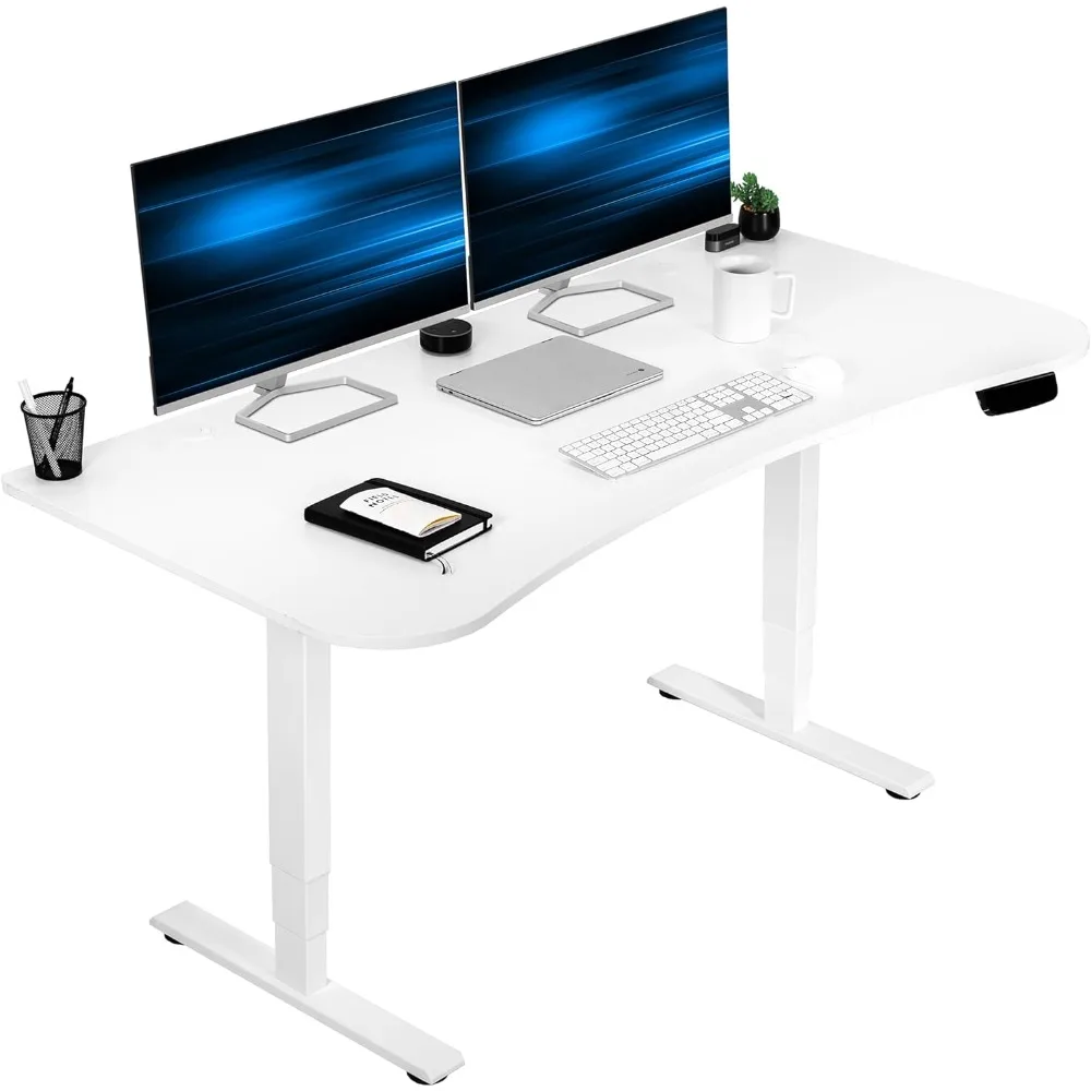 

63 x 32 inch upright office desk, memory height adjustment, 176 pound frame support, white top white frame