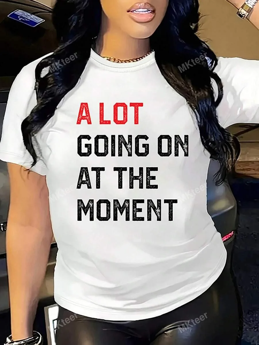 

Женская белая футболка больших размеров: стильная графика «Настроение слоган»