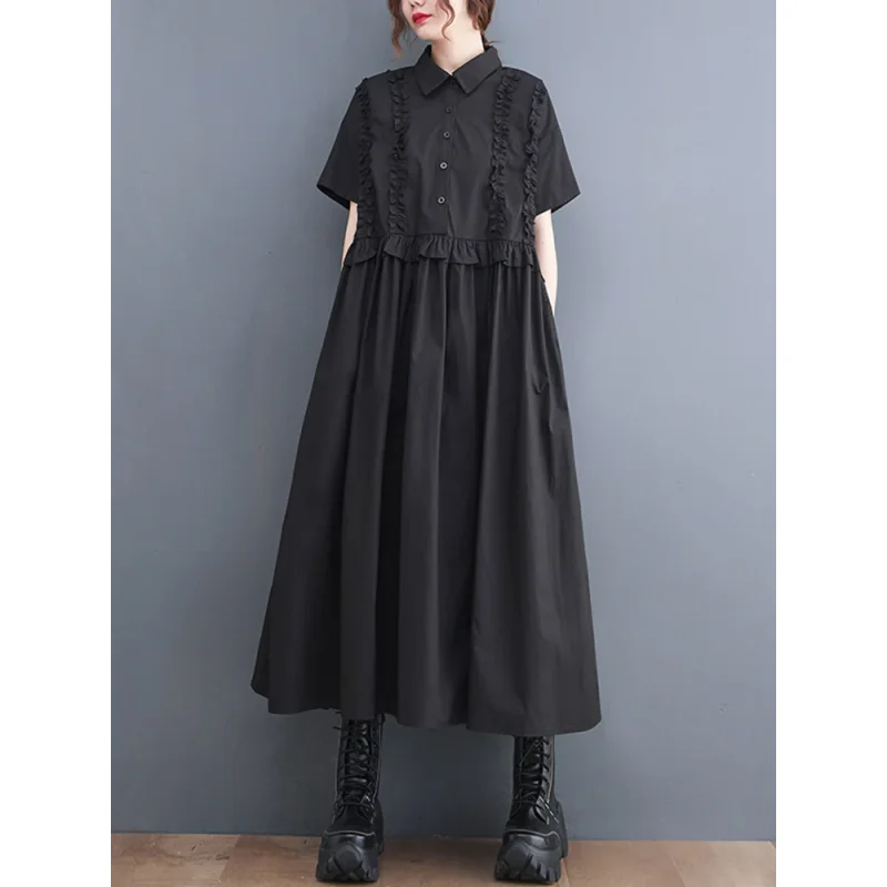 2025 Spring Summer New Patchwork Shirt Dresses For Women Short Sleeve Loose Casual Vintage Long Dress Fashion Elegant Clothing
