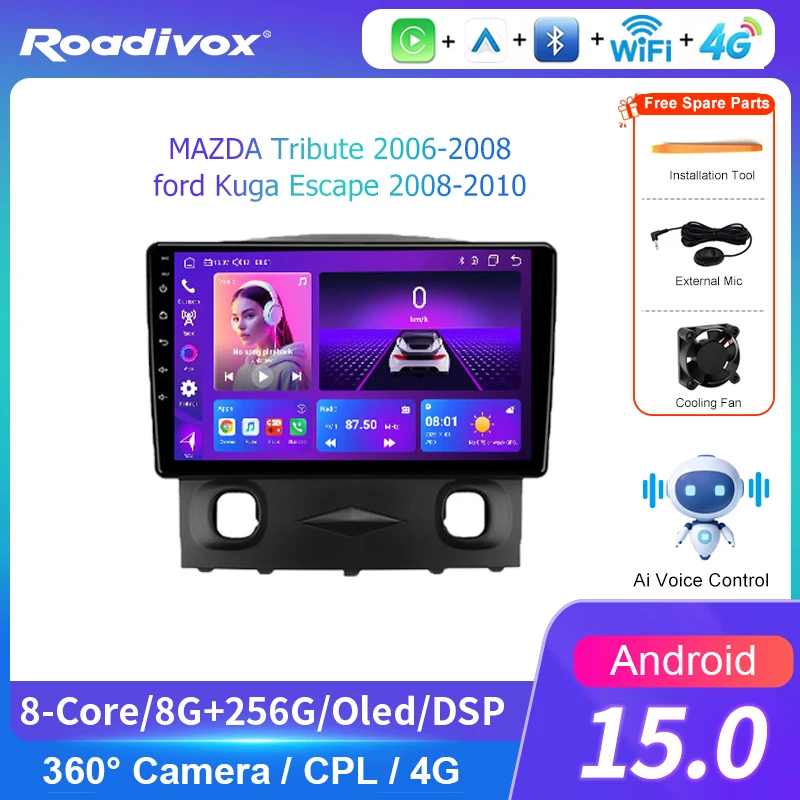 AI VOICE roadivox Android Car Radio for MAZDA Tribute 2006-2008 ford Kuga Escape 2008-2010 GPS Navigation Video Multimedia