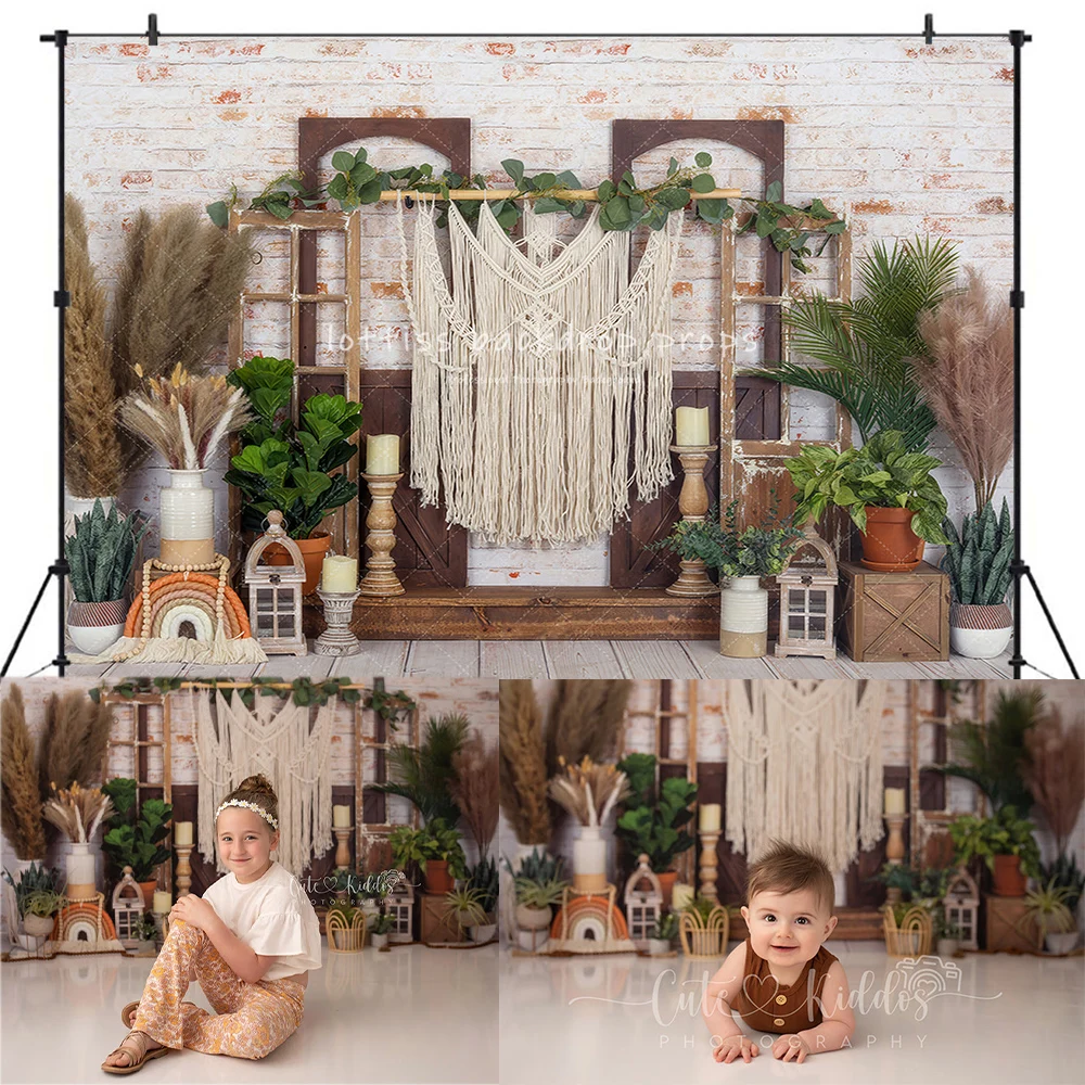 

Boho Plants Wooden Door Backdrops Kids Baby Birthday Cake Smash Photocall Child Adult Photography Garden Backgrounds