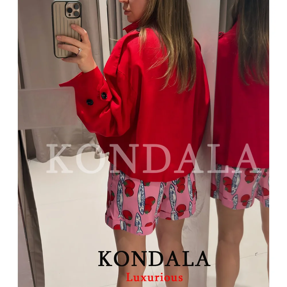 KONDALA Vintage Chic Red Women Jacket Solid Stand Collar Single Breasted Long Sleeve Straight Tops Fashion 2026 Casual Outwears