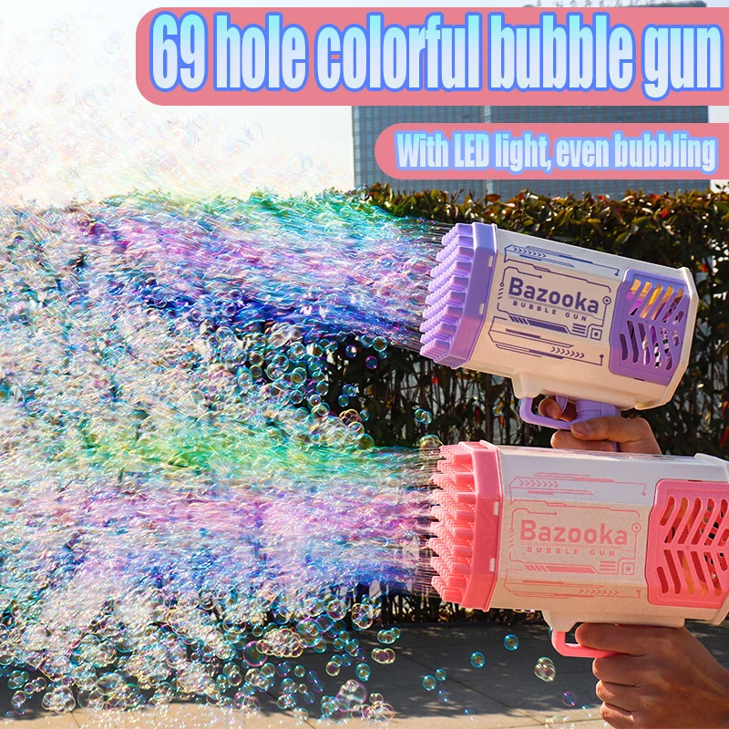 Bubble Gun Rocket 69 Holes Soap Bubbles Machine Gun Shape Automatic Blower with Light Toys for Kids Children‘s Day Gift