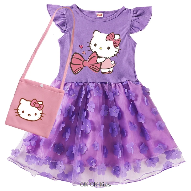 New Hello Kitty Dresses Baby Girls Princess Dress Bag Short Sleeve Princess Dress for 1 2 3 4 5 6 Years Old Kids Cosplay Costume