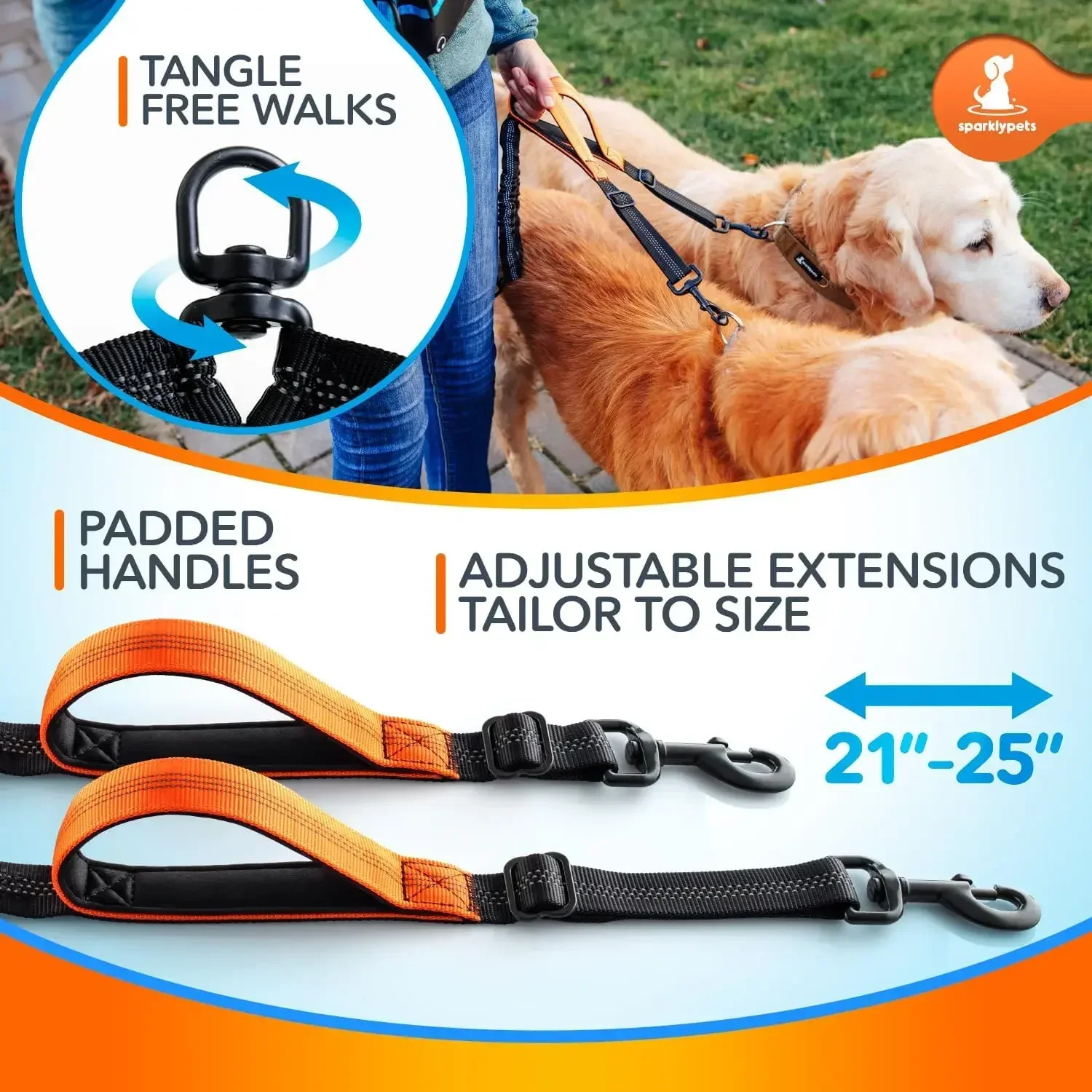 SparklyPets dubbele bungee taille hondenriem met rugbeugel – dubbele hondenriem voor middelgrote/grote rassen – 2-honden hardlopen