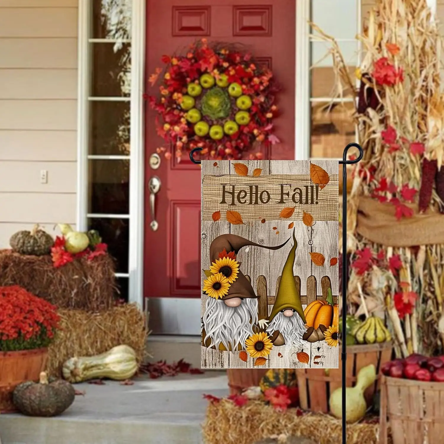 Thanksgiving Garden Flag Double Sided 12x18 Inch, Hello Fall Gnome Burlap Decor for Porch Lawn, Rustic Farmhouse Autumn Harv jjp