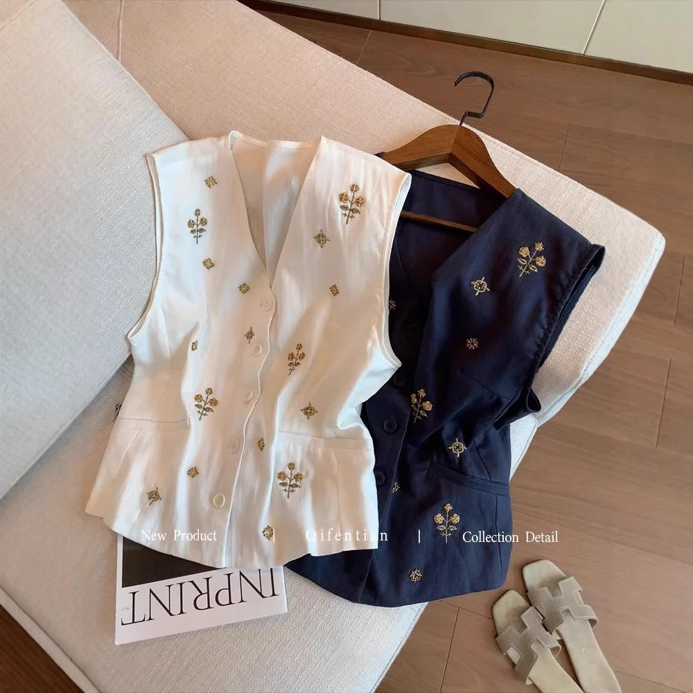 Single-breasted Vintage Embroidery Camis Women Cotton Linen Solid Women's Vest Sleeveless Top Summer Loose V-neck Fashion Vests