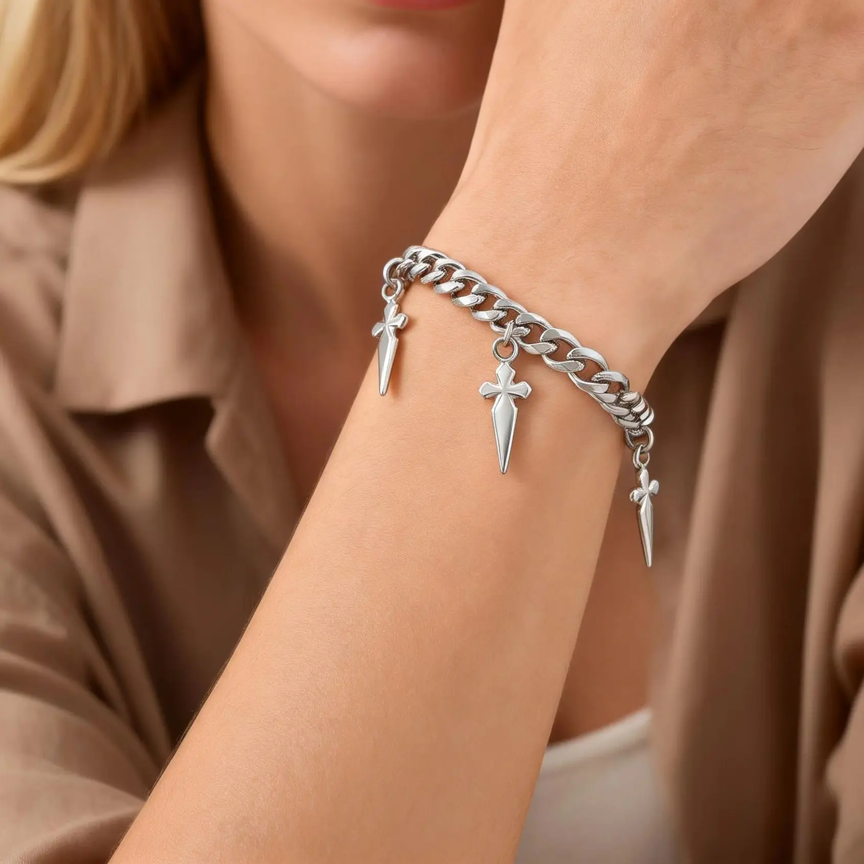 Cross Pendant Cuban Chain Bracelet for Men Women, Stainless Steel Silver Heavy Link, Christian Punk Jewelry Gift
