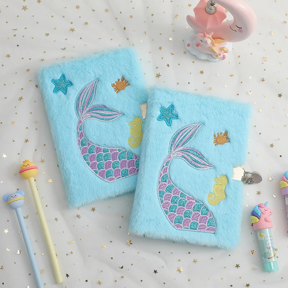 A5 Girl Cartoon Plush Locked Notebook Student Mermaid Tail Diary Book Children\'s Gift Plush Note Book Journal Office Accessories