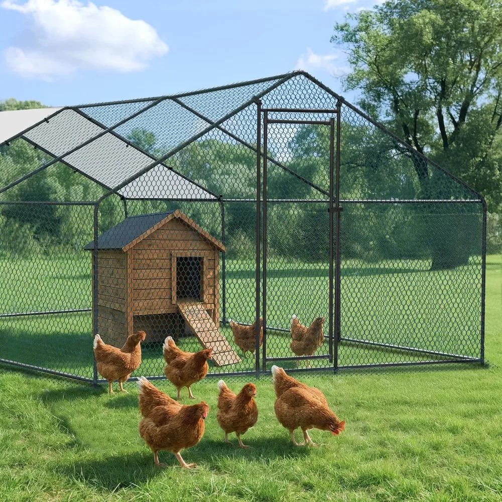 

Chicken Coop, 19.7x9.8x6.5 ft Poultry Cage for Chicken Run, Metal Walk-in Chicken Pen with Waterproof & Anti-UV Cover