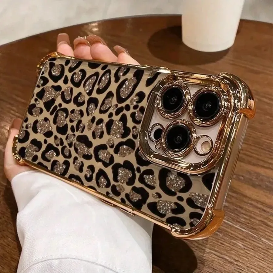 Glitter Leopard Print Plating Phone Case For Samsung A07 A36 A16 A06 A35 A55 A25 A26 A05s A15 A54 A34 A24 A14 A05 A04e A13 4G 5G