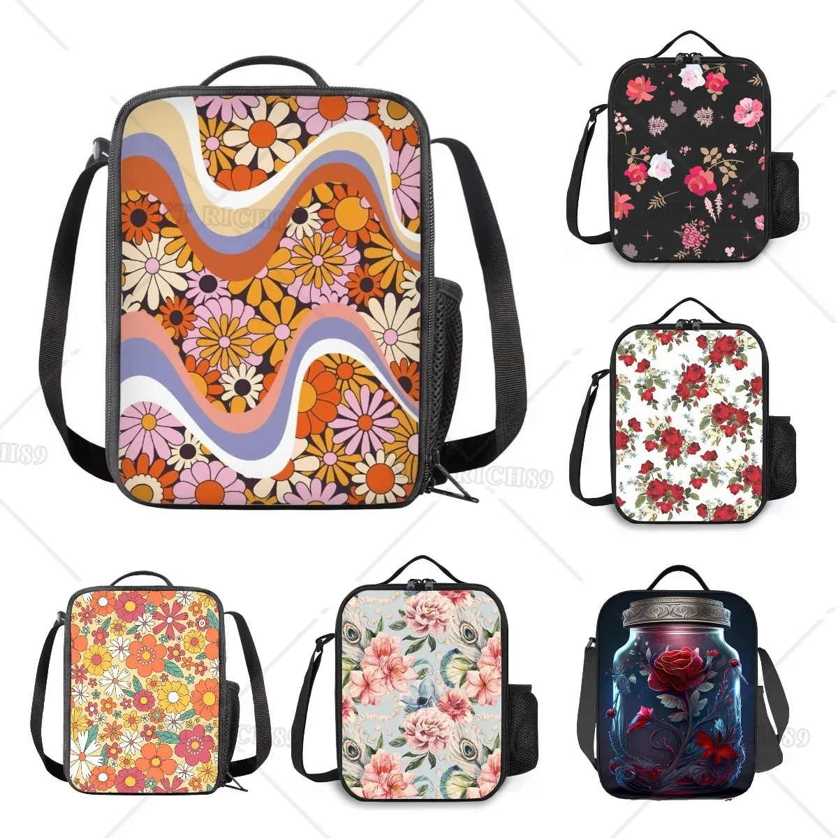 Swirl Wavy Hippie Flower Lunch Tote Bags Kids Girls Insulated Lunchbox Thermal Cooler Lunch Pouch Back To School Easy To Clean