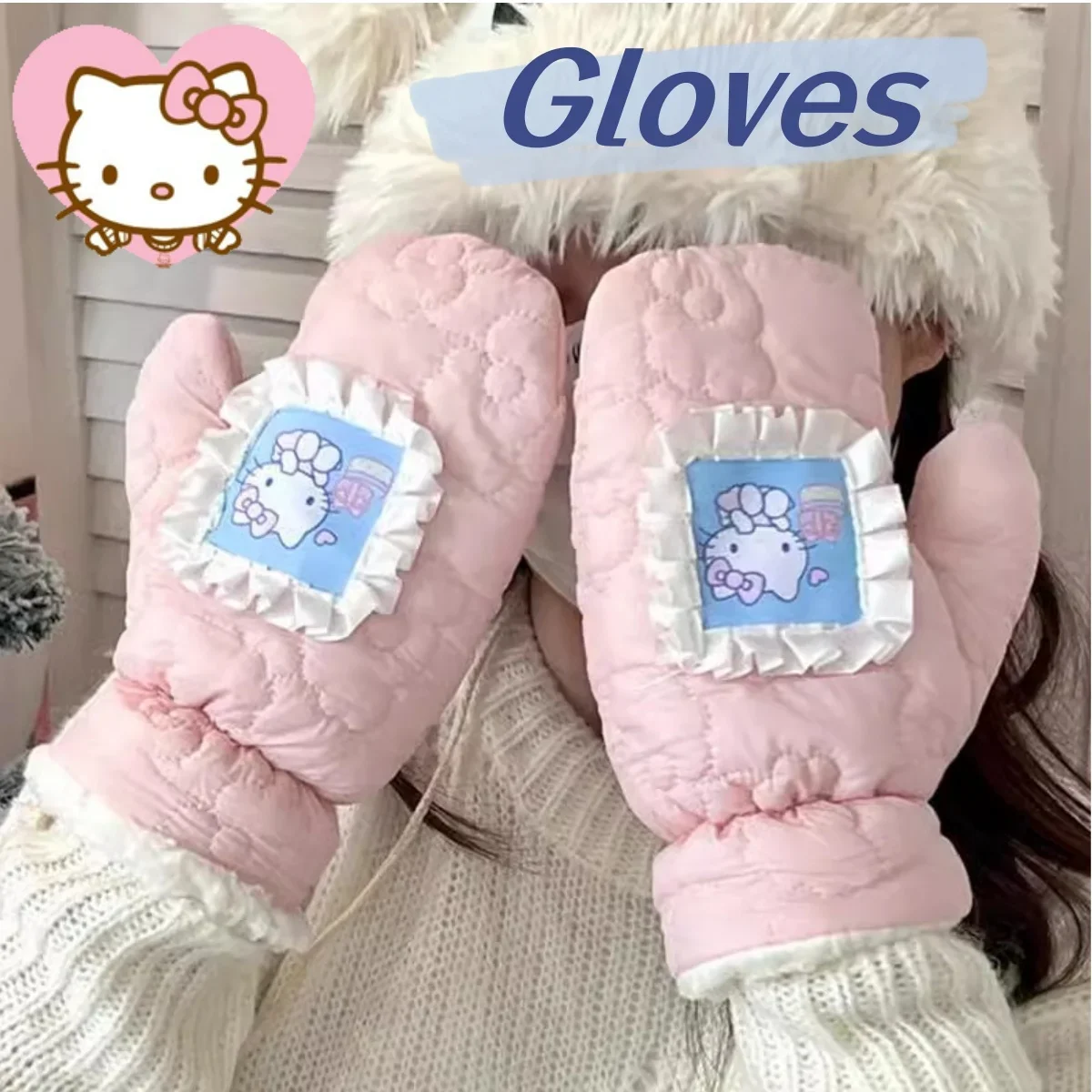 Japanese hello kitity plush gloves cartoon warm and thickened cycling and cold protection all-inclusive halter style for women