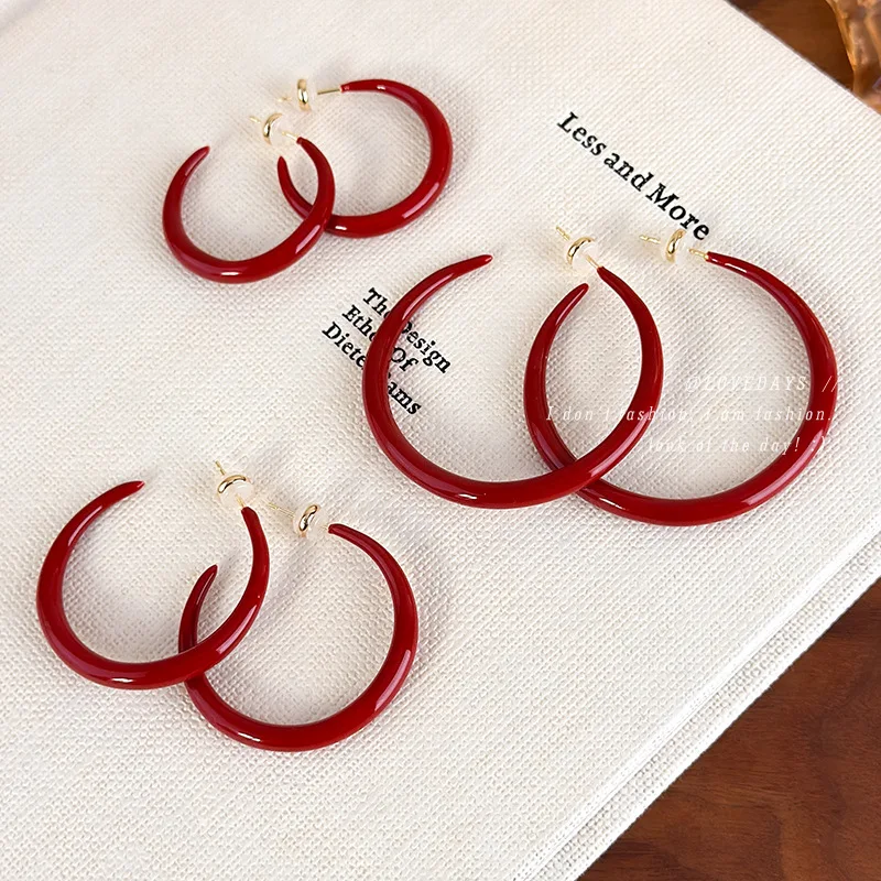 Festive Red Enamel Hoop Earrings Face Slimming Design for Round Square Face Vintage Lightweight Daily Commute