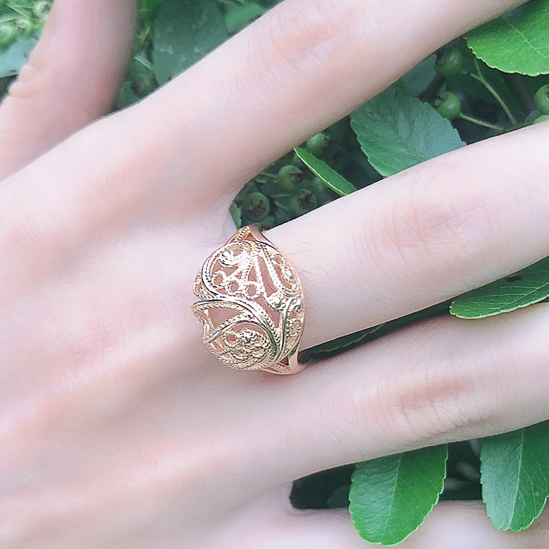 Kinel Hot Trendy 585 Rose Gold Color Rings for Women Hollow Pattern Romantic Ethnic Bride Rings Unusual Wedding Daily Jewelry