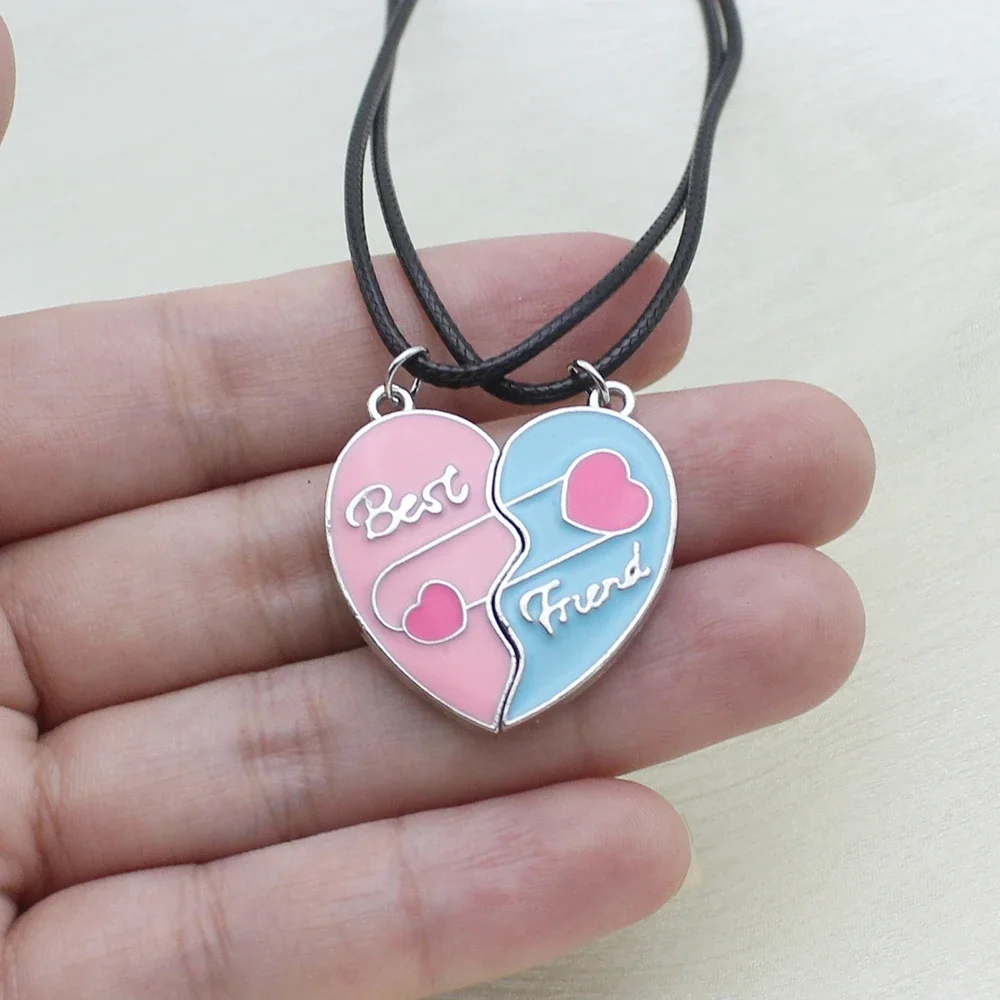 2Pcs Magnet Big Heart Best Friend Pink Blue Pendant PU Leather Rope Matching Necklace for Women Men Girl Boy Gift