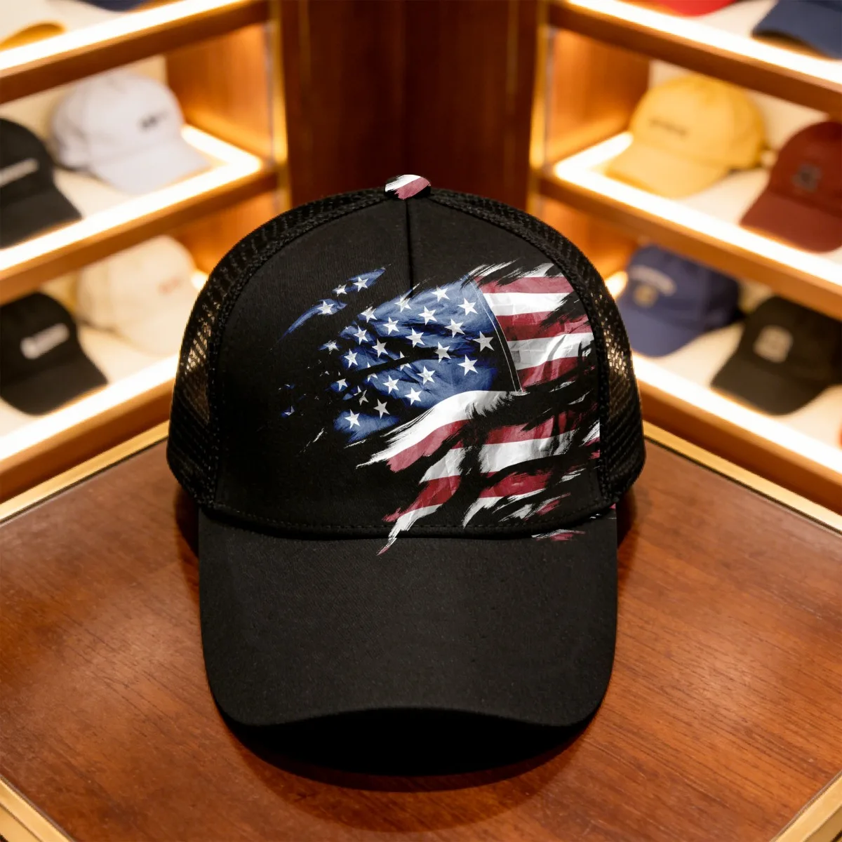1pc Abstract American Flag All Over Print Duckbill Hat Mesh Cap Unisex Breathable with Durable Design for Outdoor Use