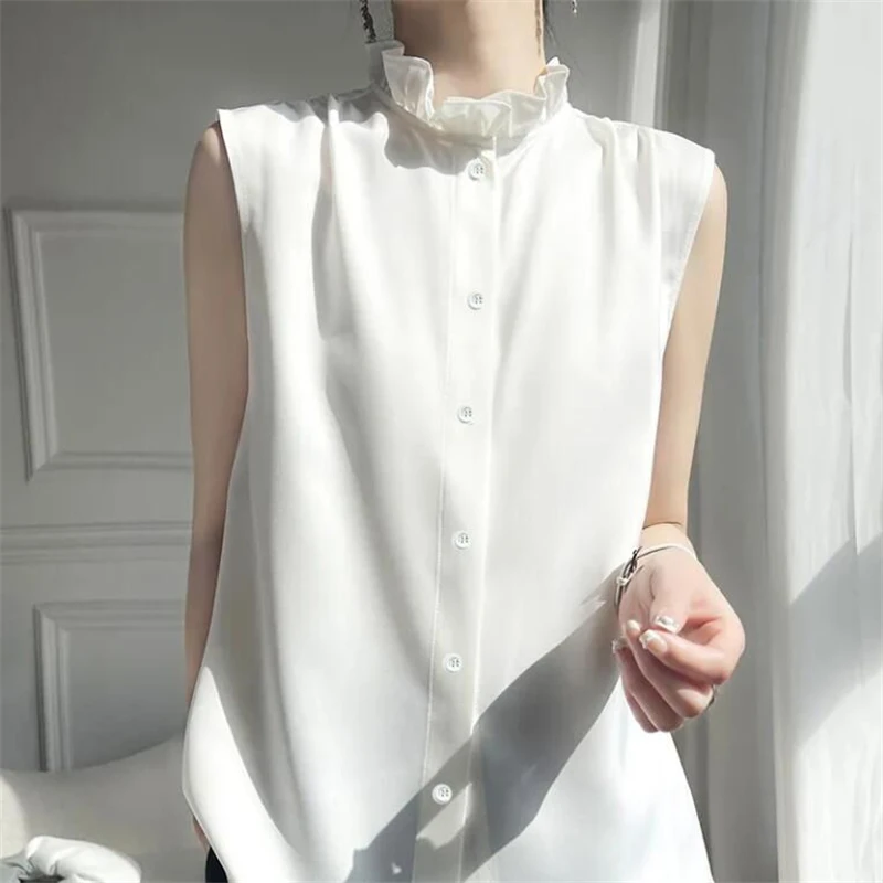 Women\'s Korean Fashion Ruffle Sleeveless Button Shirt Office Lady Elegant Business Casual Blouse Summer White Loose Chiffon Tops