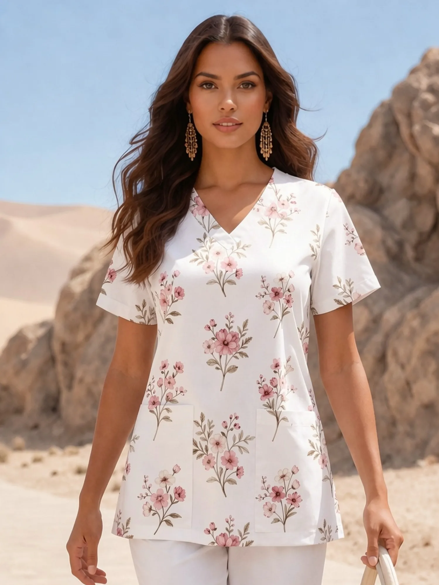 Womens Classic V Neck Scrub Top With Practical Front Pockets Fresh Floral Design Easy Casual Look Loose Fit For Home Care Visits
