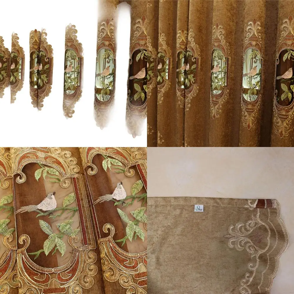 

Elegant 80% Blackout Curtains with Embroidered Birds, Grommet Top, Brown, 49W x 96L