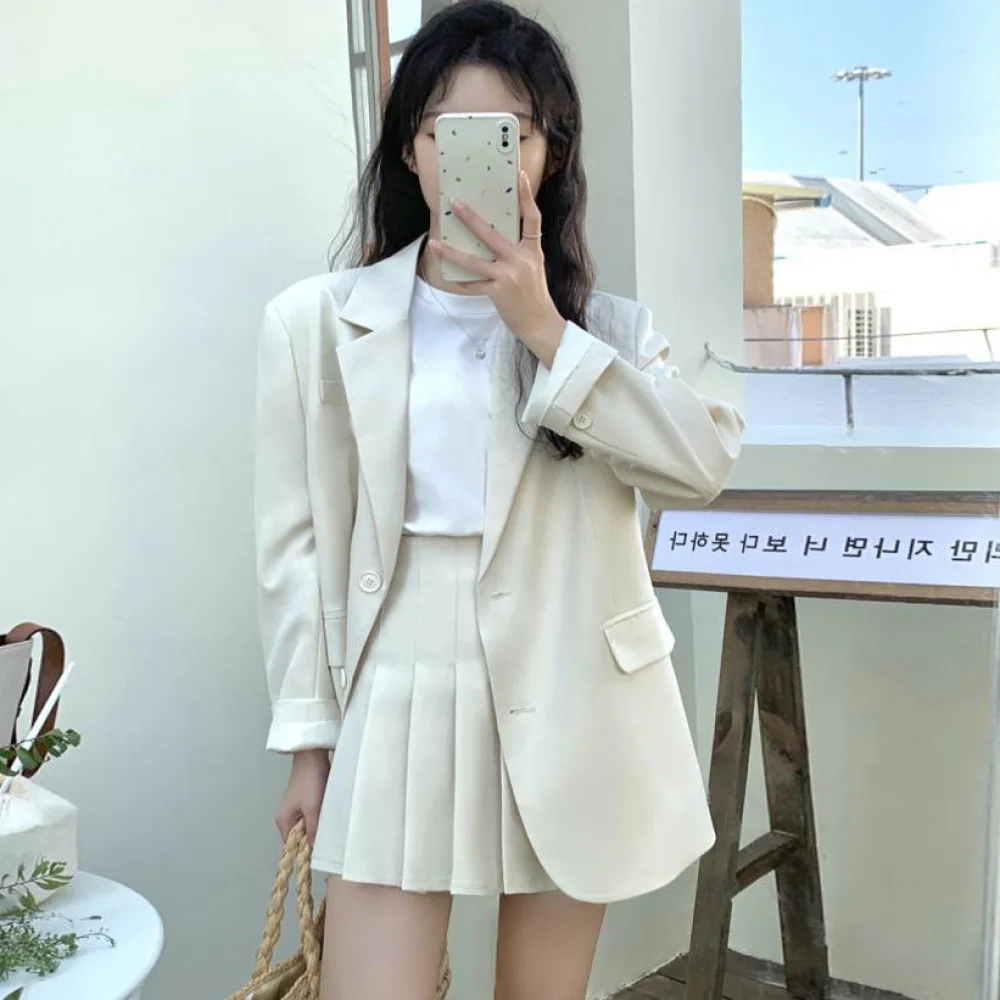 Women\'s Spring Blazer 2 Two Pieces Sets Korea Style Single Breasted Jacket Top & High Waist Mini Pleated Skirts Suits