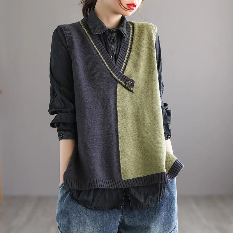 

Fashion V-Neck Spliced Button Color Vest Sweater Women's Clothing 2023 Winter New Casual Pullovers Loose All-match Tops