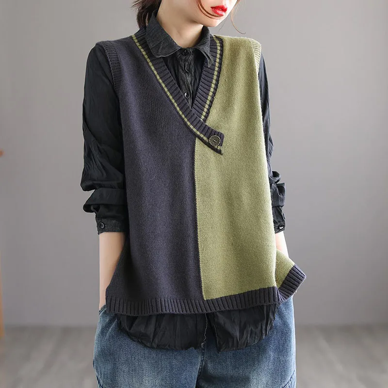 Fashion V-Neck Spliced Button Color Vest Sweater Women\'s Clothing 2023 Winter New Casual Pullovers Loose All-match Tops